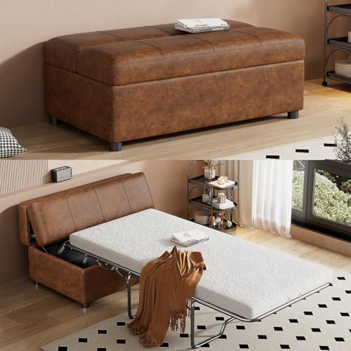 46" Ottoman Folding Bed, Twin Size Convertible Ottoman Pull Out Bed with Memory Mattress, Foldable Sofa Beds Dual Use Guest Sleeper Couch for Living Room Bedroom Guest Room, RV (Brown+PU) - color: Brown+pu