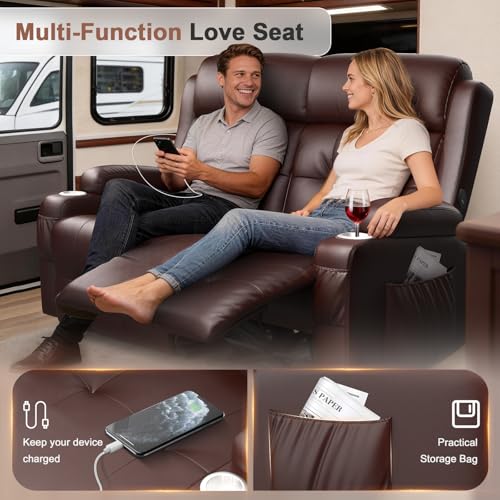 Reclining Loveseat, 55.1" RV PU Leather Wall Hugger Recliner Love Seats Sofa with Charging Station, Removable Armrest, Cup Holder, Double Recliners Couch, Manual Love Seat for Living Room - color: Copper Brown, size: Hera - Loveseat