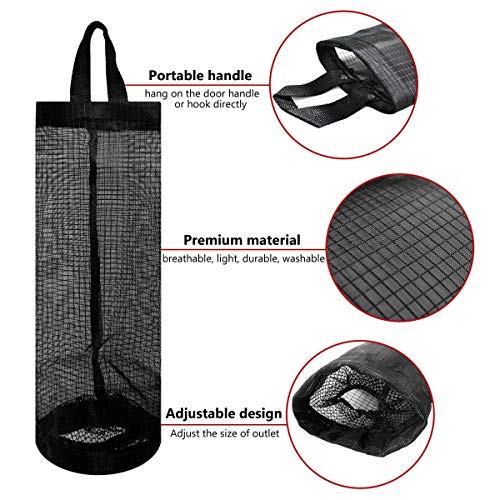 2 Pcs Plastic Bag Holder Trash Bags Storage Dispenser Organizer for Home Kitchen Mesh Hanging Storage Dispensers Recycling Garbage Folding Hanging Storage Bag Grocery Bags Holder with 2 Hooks (Black)