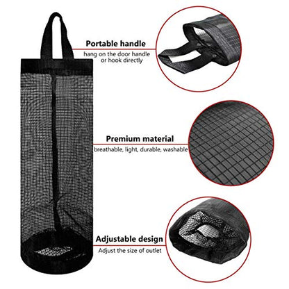 2 Pcs Plastic Bag Holder Trash Bags Storage Dispenser Organizer for Home Kitchen Mesh Hanging Storage Dispensers Recycling Garbage Folding Hanging Storage Bag Grocery Bags Holder with 2 Hooks (Black)
