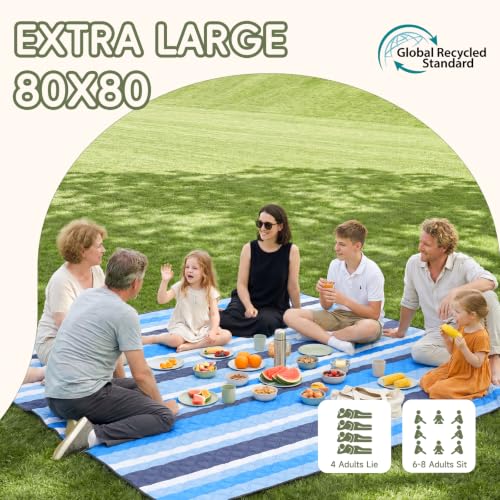 Genovega Waterproof Beach Blanket Picnic Outdoor Mat Rug Registry Wedding Search by Name Couple House Warming 2026 Housewarming Family Hostess Anniversary New Apartment Home Essential Must Have - color: Blue Black Stripe