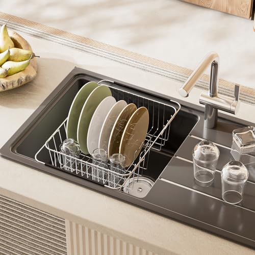 JAQ Over Sink Dish Drying Rack for Medium to Large Sink, Expandable 15.08"–22.4", Adjustable 304 Stainless Steel Dish Drainer with Utensil Holder, Large Capacity Holds Up to 13 Plates - size: 304 Stainless Steel - 13 dishes