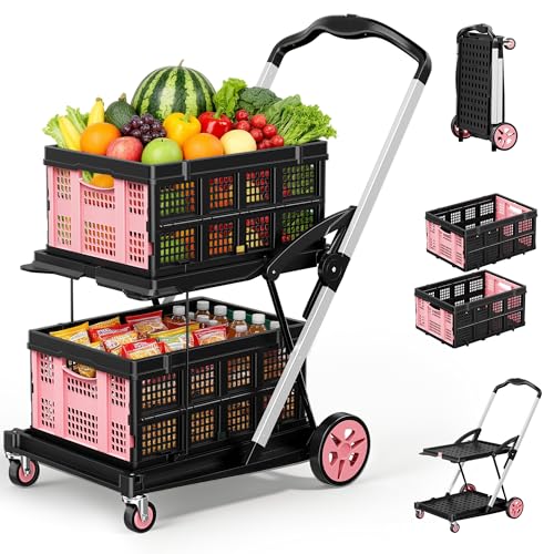 8-in-1 Max 200LBS Collapsible Shopping Cart on Wheels with 2 Storage Crates, Portable Foldable Shopping Cart with Foot Brake for Picnic, Supermarket, Office, Pink-2026 Upgraded - color: Pink