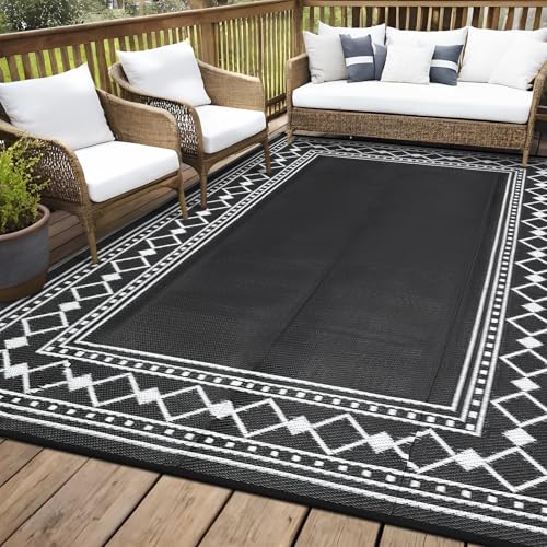 GarveeHome Outdoor Rug 8x10 Waterproof Patio Rugs Modern Bordered Reversible Mat for Front Door Rv Foldable Plastic Straw Carpet for Travel Trailers, Deck, Picnic, Porch, Camper, Balcony, Beach, Black - color: Black & White, size: 8' x 10' (Rectangular)
