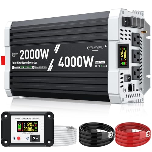 2000 watt Pure sine Wave Inverter, 12V DC to 110V AC Power Inverter, Used for Solar Emergency Power Supply in RV Homes, with 3 AC Output sockets, USB Port, Type-C Port, Remote Control with LCD Screen - size: 12v-2000W