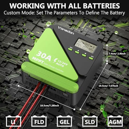 Vansdon 30A Solar Charge Controller 12V/24V MPPT Solar Charge Controller, Adjustable LCD with Timer, Dual USB Ports, for RV, Boat, Cabin, Off-Grid Systems, Compatible with FLD/LiFePO4/SLD/GEL/AGM - color: Medium Green-30