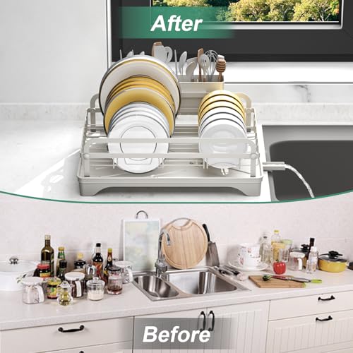Dish Drying Rack,Dish Racks for Kitchen Counter,Metal Dish Drainer with Adjustable Drainage Spout,Removable Knife and Fork Holder (Grey) - color: 1 Tier - Grey