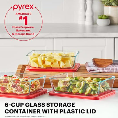 Pyrex Simply Store Glass Food Storage Container, Snug Fit Non-Toxic Plastic BPA-Free Lids, Freezer Dishwasher Microwave Safe, 6 Cup - size: 6 Cup
