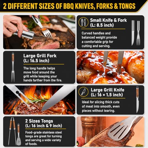 34Pcs Grill Accessories Grilling Gifts for Men, 16 Inches Heavy Duty BBQ Accessories, Stainless Steel BBQ Tools with Thermometer, Grill Mats for Backyard, BBQ Gifts Set for Men Women