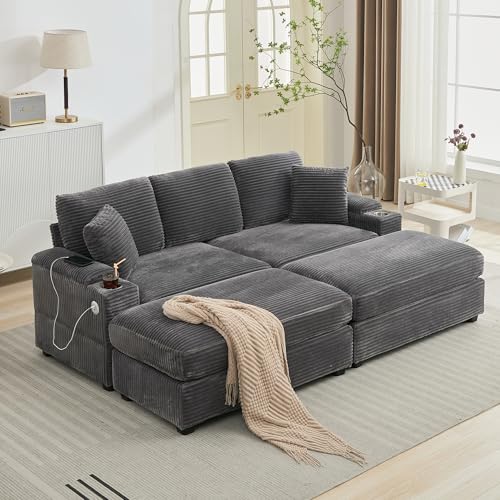 86.6" Sectional Sofa Couch with 2 Ottomans, Comfy Corduroy Upholstered Cloud Modular Convertible Couch with Cup Holders and USB, Armrest Storage, Deep Seat Oversized Loveseat for Living Room, Grey - color: Grey