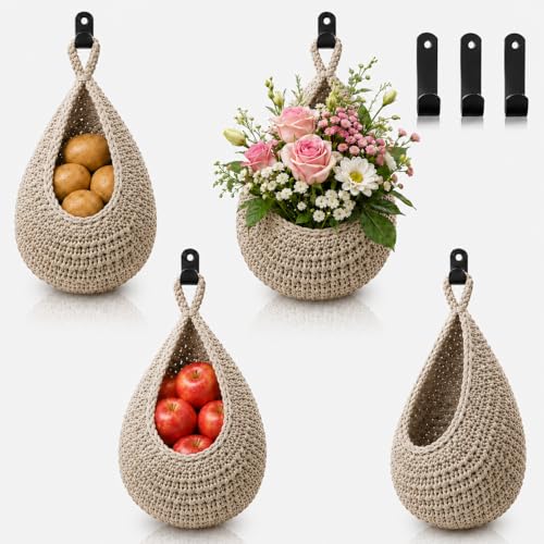 Boho Decor Hanging Fruit Baskets for Kitchen, 3 Pack Handwoven Teardrop Wall Hanging Baskets with Hooks, Storage for Fruits, Onions, Vegetables & Potatoes, 3 Sizes for Home, Light Linen - color: Light Linen