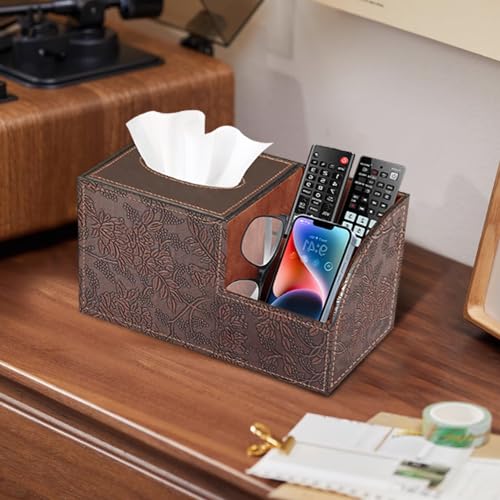 PU Leather Square Tissue Box Cover - Multi-Functional Tissue Box Holder, Tissue Box Cover with Storage,Tissue and Remote Control Holder, Cube Tissue Box Organizer Bedroom Nightstand End Table - color: Retro