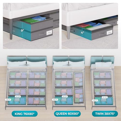 【4 compartments】2 Pack Under Bed Storage, Double Layer Extensible Underbed Storage Containers,Dust-free Clothes Storage Bins with Sturdy Sidewalls/Bottom,PVC Clear Window for Shoes Storage Organizer