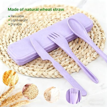 Travel Utensils with Case, Camping Utensil Sets, Wheat Straw Portable Knife Fork Spoons Tableware, Reusable Utensils for Lunch Box (Purple) - color: Purple
