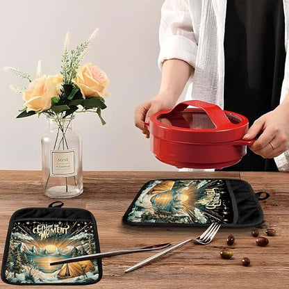 Boho Sun Starry Forest Camping Pot Holders with Pockets, Gifts for Camping Lovers, Enjoy the Moment Oven Pot Holders Heat Resistant Oven Mitts Hot Pads for Kitchen Baking Cooking - color: Campfire-a