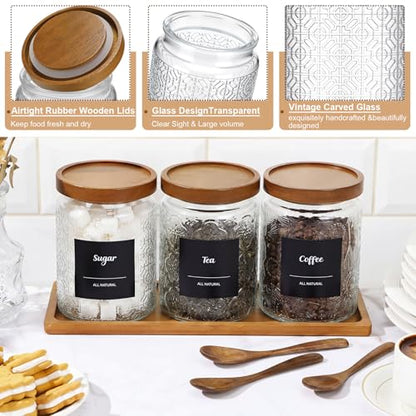 3 Pack 24 oz Glass Coffee Container with Wooden Tray Lid Spoon Labels Clear Airtight Glass Jar Food Storage Kitchen Canisters Set Decorative Coffee Bar Containers for Sugar Candy Tea Flour - size: 24 oz