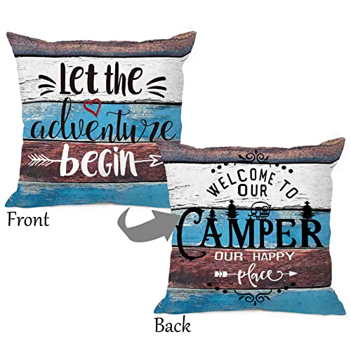 Rustic Welcome to Our Camper Let The Adventure Begin Throw Pillow Cover Pillowcase 18x18 Inch (Reversible) Decor, Camping Rv Farmhouse Sofa Bed Bedroom Home Decoration