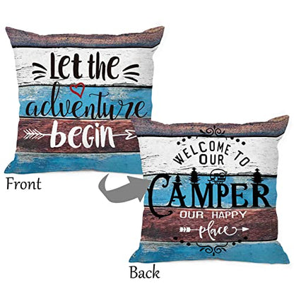 Rustic Welcome to Our Camper Let The Adventure Begin Throw Pillow Cover Pillowcase 18x18 Inch (Reversible) Decor, Camping Rv Farmhouse Sofa Bed Bedroom Home Decoration