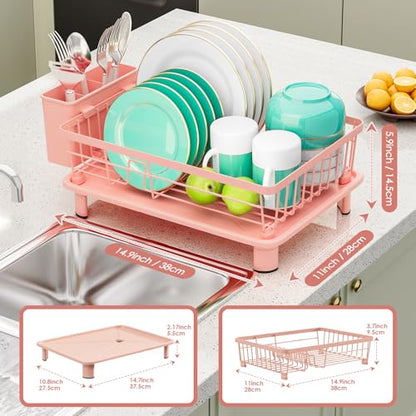 GAOKASE Dish Drying Rack, Stainless Steel-Dish Rack, Dish Racks for Kitchen Counter, Kitchen Dish Drainers with Removable Utensil Holder,New Drain Outlet,Plate Rack and Drainboard,(Pink-11 W x 15" L) - color: Pink