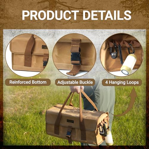 Waxed Canvas Camping Tool Bag, Camping Essentials Multi-purpose 12L Outdoor Storage Bag with Secure Flip Cover, Tent Stakes Hammer Multi-Container Organizer, Khaki - color: Khaki