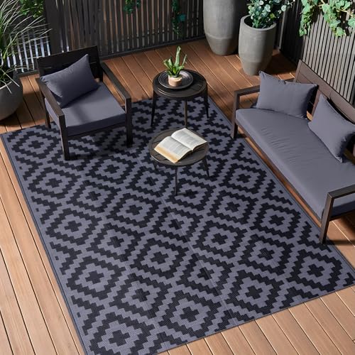 OLANLY Waterproof Outdoor Rug 5x8 ft, Outdoor Plastic Straw Rug for Camping, RV Mat Outside, Indoor Outdoor Carpet for Porch, Deck, Backyard, Balcony, Picnic, Black & Grey - color: Black & Grey, size: 5' X 8' (Rectangular)