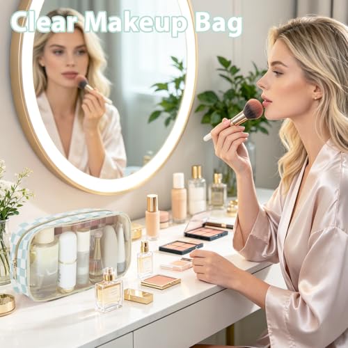 Fammart Clear Travel Makeup Bag for Women, TSA Approved Checkered Cosmetic Bag Make Up Car Organizer Case with Zipper, Large Waterproof Pouch Purse Toiletry Bag for Skincare, Brushes Travel Essentials - color: Clear, 2PCS - Green Checkered