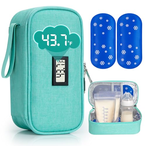 SUNMON Breast Milk Cooler Bag with Real-Time Temperature Display, Portable Travel Breastmilk Storage Case, Includes 2 Reusable Ice Packs, for Pumping Moms on The Go (Light Green) - color: Light green