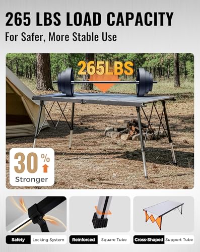 KingCamp Folding Camping Table Foldable, 55.1" x27.6" Aluminum Roll Up Table with Adjustable Height 6-7 Person Large Camp Tables Outdoor with Carrying Bag for BBQ, Patio, Picnic Loads 265 Lbs - color: Silver/Black - 55.1"×27.6" - Adjustable Height, style: