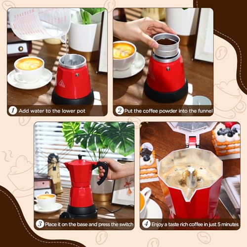 Coffee Pot 6 Cup Electric Espresso Coffee Maker Italian Moka Maker 300ml Portable Aluminum Espresso Machine Cafetera Moka Pot with Detachable Base, Gift for Home Travel(Red) - color: Red