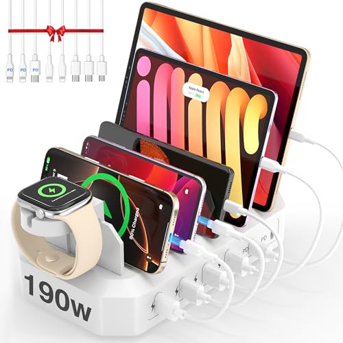 [2026 Upgrade] 190W Fast Charging Station for Multiple Devices【Certified Safer Charging】 6 Port USB Charger Station - Multi-Device Charging Dock with Phone/MacBook/iPad/Tablet (8 Mix Cables Included) - color: White
