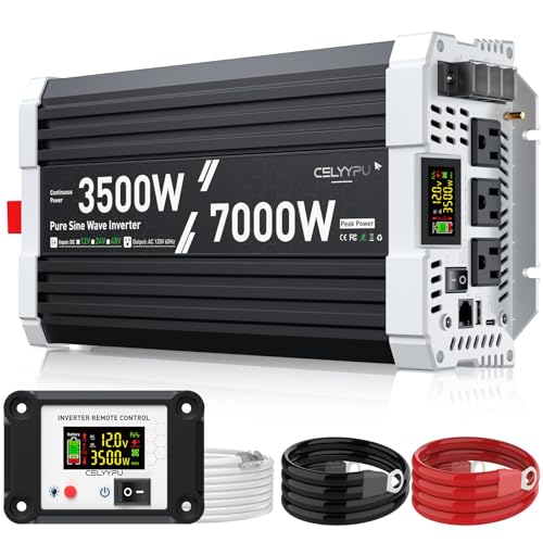 3500 watt Pure sine Wave Inverter, 12V DC to 110V AC Power Inverter, Used for Solar Emergency Power Supply in RV Homes, with 3 AC Output sockets, USB Port, Type-C Port, Remote Control with LCD Screen - size: 12v-3500W