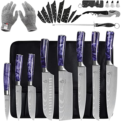 FULLHI Knife Set, 14pcs Japanese Knives Set, Multiple Colour Premium German Stainless Steel Chef Knife Set - color: Purple, size: 14 Piece Knife Set