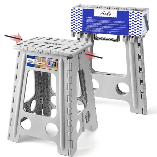ACKO Folding Step Stool Foldable 17.5 Inch 400 lbs Capacity, Plastic Stools for Adults and Kids, Collapsible Stools for Kitchen, Stepping Stool with Handle(Grey) - color: Gray, size: 17.5 Inch