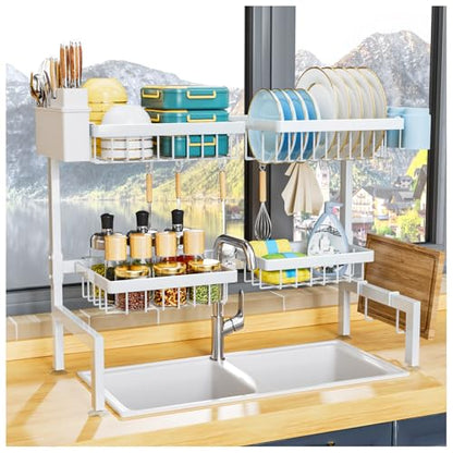 YKLSLH Over Sink Dish Drying Rack, Expandable Large Drying Rack, Suitable for Most Sinks (24.8"-35.4"), Adjustable Metal Rack, Space Saving, White - color: White, size: 2 tiers 4 baskets