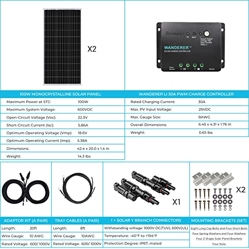 Renogy 200 Watt 12 Volt Monocrystalline Solar Panel Starter Kit with 2 Pcs 100W Solar Panel and 30A PWM Charge Controller for RV, Boats, Trailer, Camper, Marine ,Off-Grid System - size: Starter200W+PWM 30A