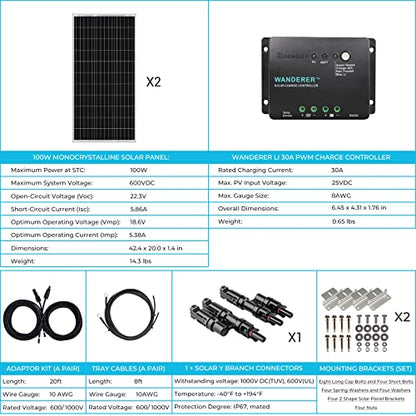 Renogy 200 Watt 12 Volt Monocrystalline Solar Panel Starter Kit with 2 Pcs 100W Solar Panel and 30A PWM Charge Controller for RV, Boats, Trailer, Camper, Marine ,Off-Grid System - size: Starter200W+PWM 30A