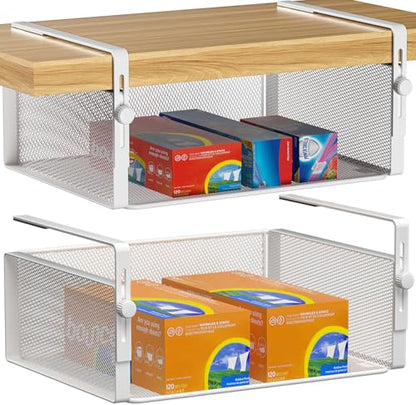 AmonHouseware 2Pack Under Shelf Basket Organizer,Adjustable Hanging Holder for Cabinet Pantry Kitchen Cupboard Desk Counter Bookshelf Organization Add-on Space Saver Heavy Duty Slide-in (White, Large) - color: White