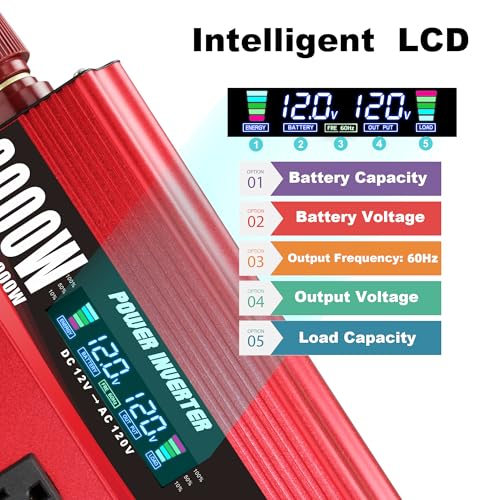 Cantonape 3000W Power Inverter 12V to 110V/120V DC to AC with LCD Display, Remote Controller 4 x AC Outlets and 4 x 3.1A USB Car Adapter for Car Truck Boat RV Solar System - size: 3000W-12V
