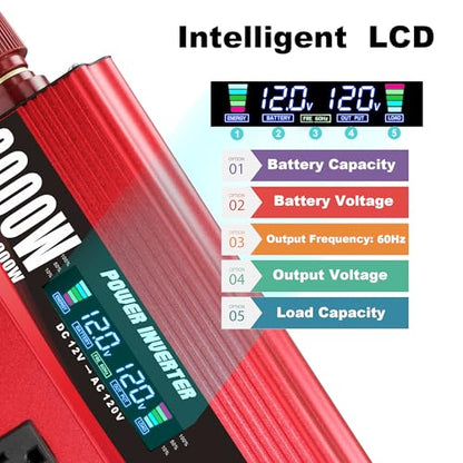 Cantonape 3000W Power Inverter 12V to 110V/120V DC to AC with LCD Display, Remote Controller 4 x AC Outlets and 4 x 3.1A USB Car Adapter for Car Truck Boat RV Solar System - size: 3000W-12V