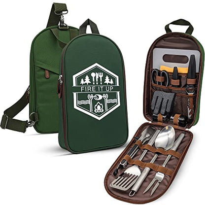 BOMKI Grilling & Camping Cooking Utensils Set - BBQ & Camping Kitchen Set with Case - style: Green Lite