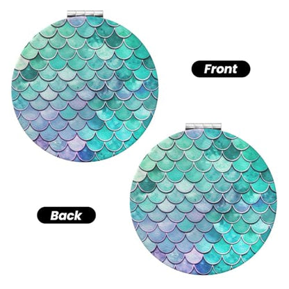 Mermaid Fish Scales Print Foldable Travel Pocket Mirror Round PU Leather Portable Mini Makeup Double Sided Handheld Magnifying,2.6 in - color: Mermaid Fish Scales