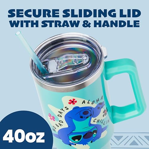 Silver Buffalo Disney Lilo and Stitch Aloha No Bad Days Chillin’ Double Walled Stainless Steel Tumbler with Handle and Straw, Fits in Standard Cup Holder, 40 Ounces - color: Disney Lilo and Stitch Chillin