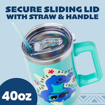 Silver Buffalo Disney Lilo and Stitch Aloha No Bad Days Chillin’ Double Walled Stainless Steel Tumbler with Handle and Straw, Fits in Standard Cup Holder, 40 Ounces - color: Disney Lilo and Stitch Chillin