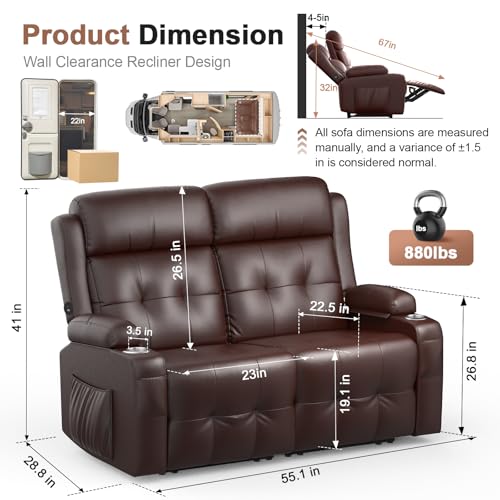 Reclining Loveseat, 55.1" RV PU Leather Wall Hugger Recliner Love Seats Sofa with Charging Station, Removable Armrest, Cup Holder, Double Recliners Couch, Manual Love Seat for Living Room - color: Copper Brown, size: Hera - Loveseat