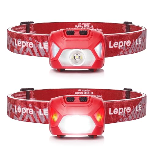 Lepro 320015 Battery Powered Headlamp - 1300Lux Super Bright LED Head Lamp with Red Light, IPX4 Waterproof Headlights for Outdoor Camping, Hiking, Hunting, Power Outages, Emergency, Hurricane - Red - color: Red-2 Pack