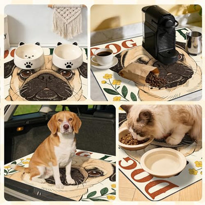 Nuxovilar Pet Dog Supplies Food Mat Pug-Inspired Polyester (23.62×17.71 inches) Bowl Water Spill Pad Feeding Essentials for Home, Kennel, Feeding Station - color: HC00144