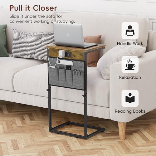 Vagusicc C-Shaped End Table with Charging Station, Small Side Table for Couch, 33" Tall C Table Adjustable Height Side Table, Couch Tables that Slide Under, Sofa Table TV Tray for Living Room, Brown - color: 1pc Rustic Brown