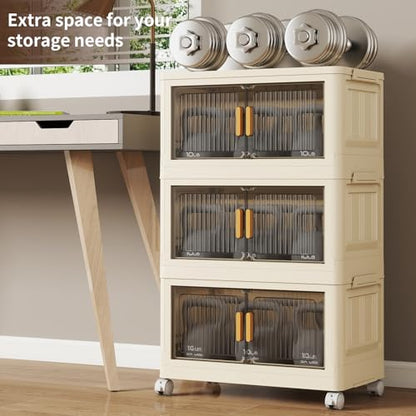 3 Tier Stackable Plastic Storage Bins with Lids 48QT, Collapsible Closet Organizers and Storage with Wheels for Living Room,Office,Dorm - size: 48Qt-3pack