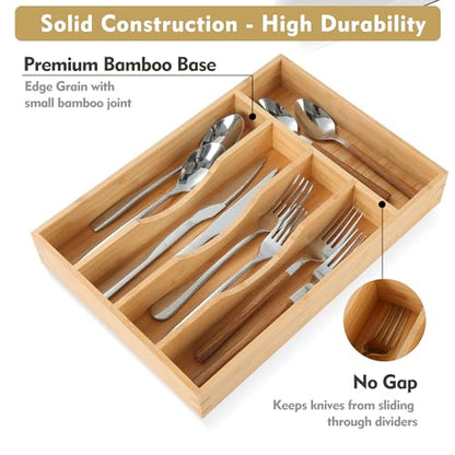 Upassion Bamboo Kitchen Drawer Organizer, 9 Inch Silverware Utensil Holder for Samll Drawer, Narrow Silverware Organizer for Cutlery Knives - size: 9 x 13 inch (5 Slots)