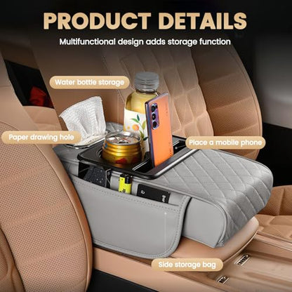 LEIWOOR 5 in 1 Car Center Console Cover, Armrest Pad with 2 Storage Pockets, Cup Holder, Tissue Slot, Phone Holder, Wear Resistant Premium Nappa Leather Memory Foam Car Accessories for SUV Sedan Truck